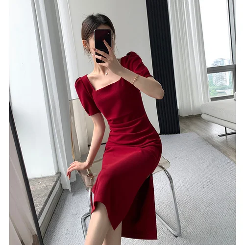 Robe moulante rouge vin pour femmes, nouvelle collection, col carré, haut  de gamme, taille fine, élégante, luxe, robes de soirée de mariage, été, 2022