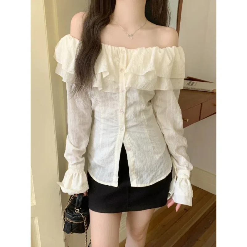New French Gentle Style One Shoulder Fall Fashion Commuter Long Sleeve Shirt Lady 280