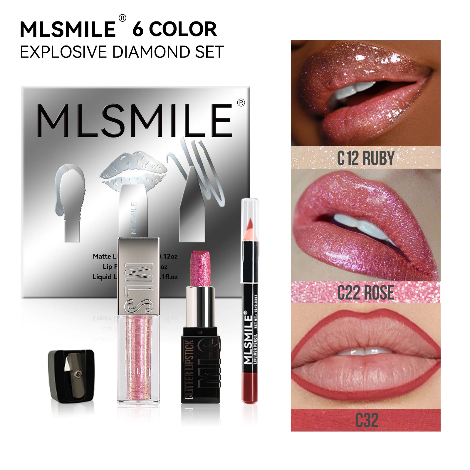 MLSMILE Multi-Combination Burst Lip Kit Fine Glitter Lipstick Lip Glaze + Liner Combo Free Roller Pencil