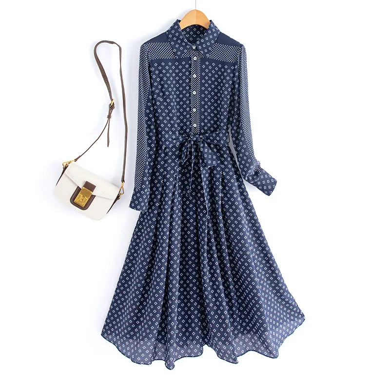 

2024 Spring Clothing New Hangzhou Silk Women's Temperament Lapel Tie Thin Silk Dress Printed Silk Skirt