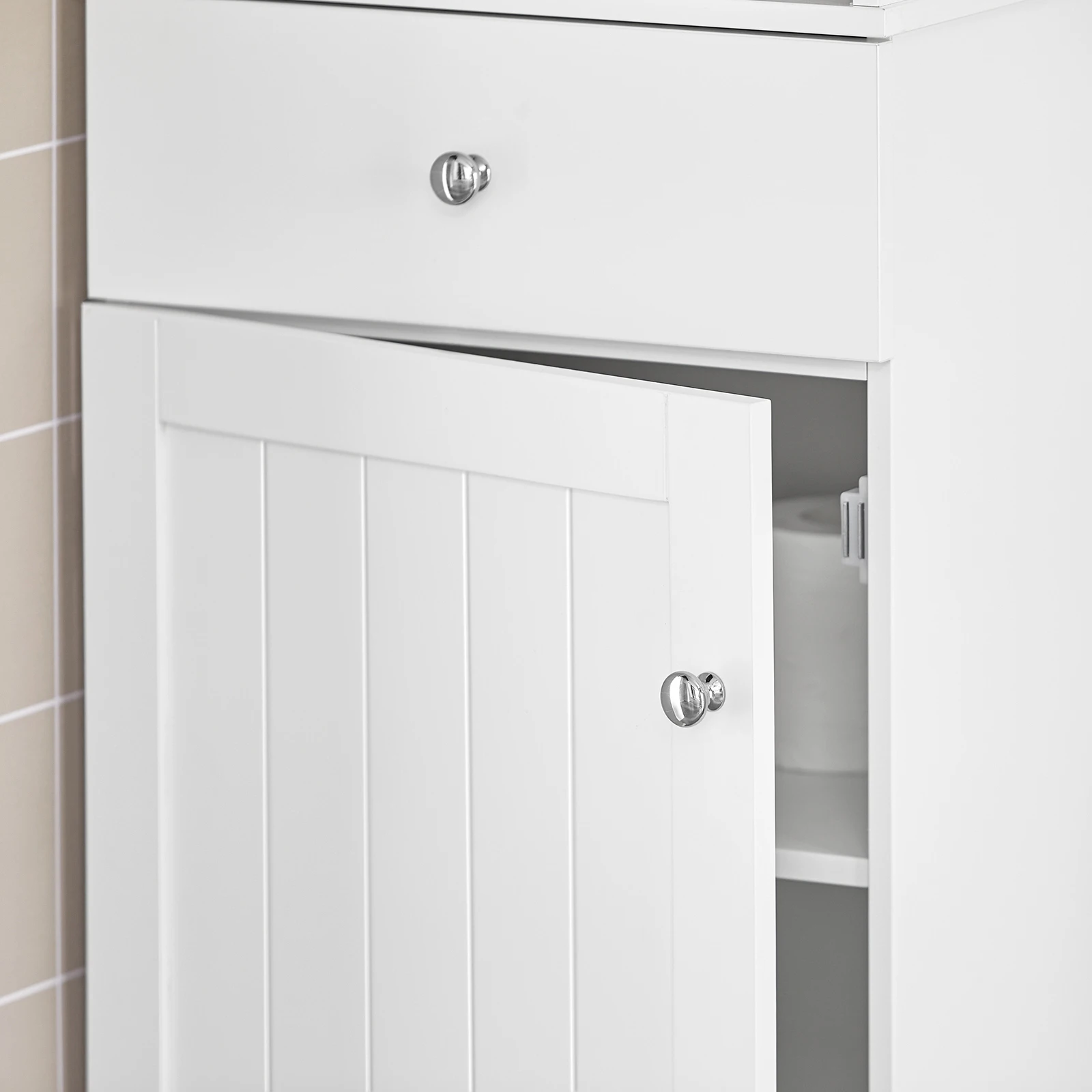 SoBuy BZR17 Badezimmer Hochschrank Badregal Badezimmerschrank mit 3 offenen Fächern, 1 Schublade und 1 Tür – Detail 4