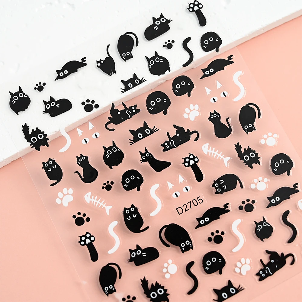 3D Cute Cartoon Black Cat Nail Stickers Funny Cat Paw/Bowtie Self-Adhesive Nail Art Decals Manicure Accessories DIY 8*1 4pcs/set nail stickers,nail art tools,nail art decoration,nail decals