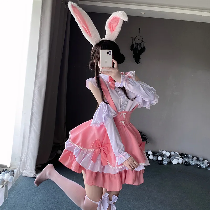 Sweet Pink Lolita Dress Japanese Kawaii School Girl Maid Cosplay Costumes Bunny Role Play Halloween Waitress Uniform