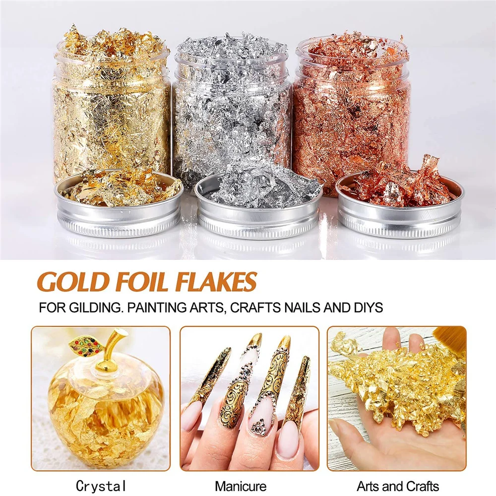 Nail Art Glitter Gold Silver Copper Bronze Metallic Shiny Foil Flakes Leaf  2-5g