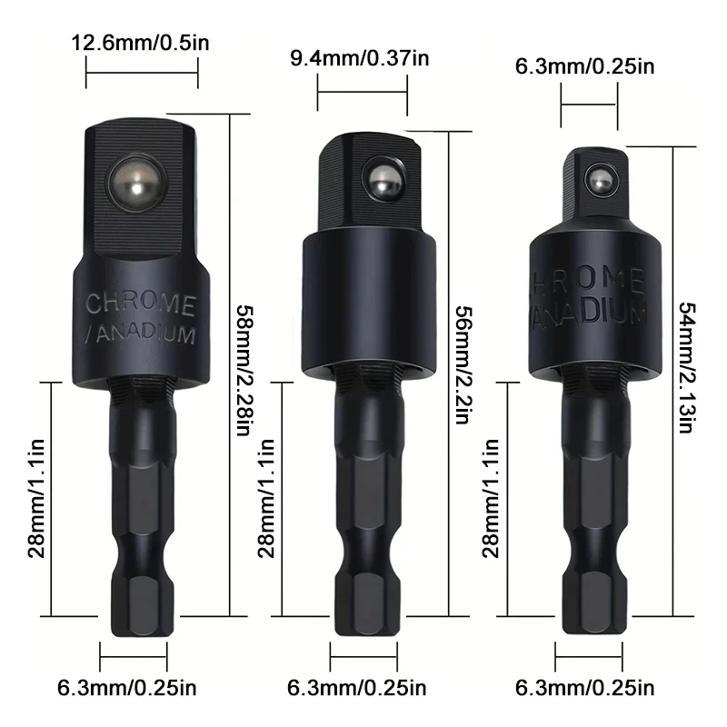 Drill Screwdriver Adapter 360&deg; Drill Pneumatic Screwdriver Sleeve Universal Adapter Hexagonal Shank Turn Square Head Swivel Extension Tool Set 3PCS