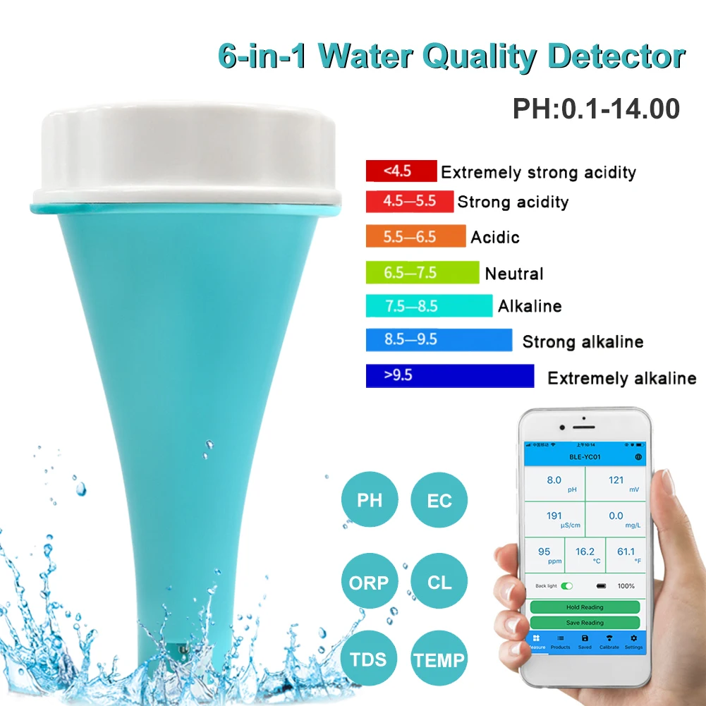 Misuratore Di Ph Compatibile Con Bluetooth Tester Di Ph Digitale 6-In-1 Ph/Tds/Ec/Cl/Orp/Temp Tester Di Qualità Dell'Acqua Ad Alta Precisione