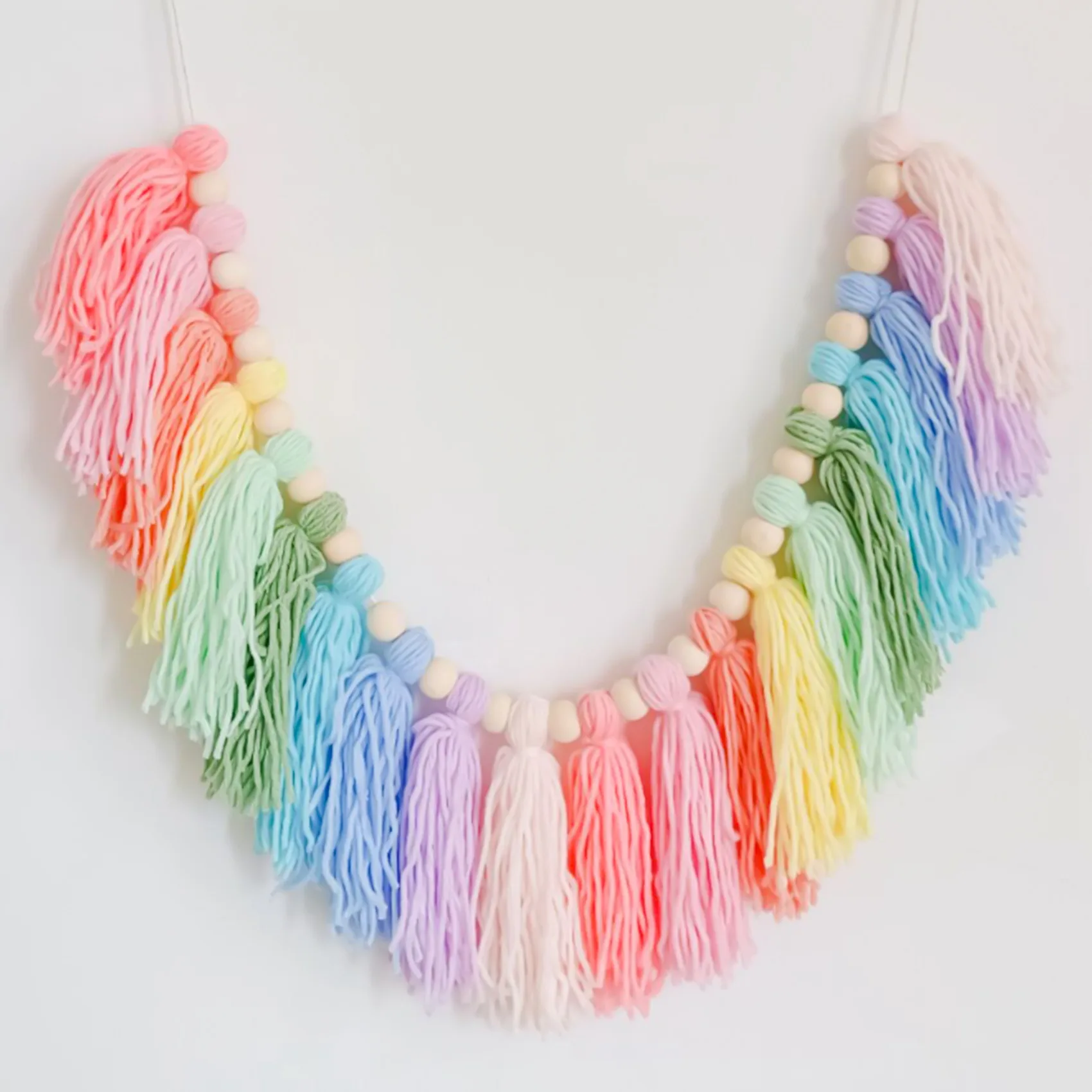 37Inch Pastel Rainbow Tassel Garland with Wood Bead Colorful Tapestry for Bedroom Wall Classroom Nursery Party Decor