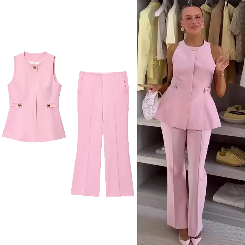 Women 2 Pieces Flare Pants Sets 2025 New Fashion Short Vest Trousers Set Women's Suit Casual Two Piece Woman Outfits