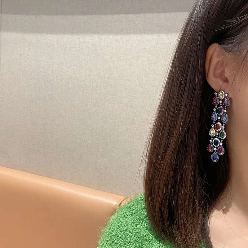 Bohemian jewelry inlaid with colorful zircon long style dinner tassel earrings 2023 stylish earrings 925 Silver Needle