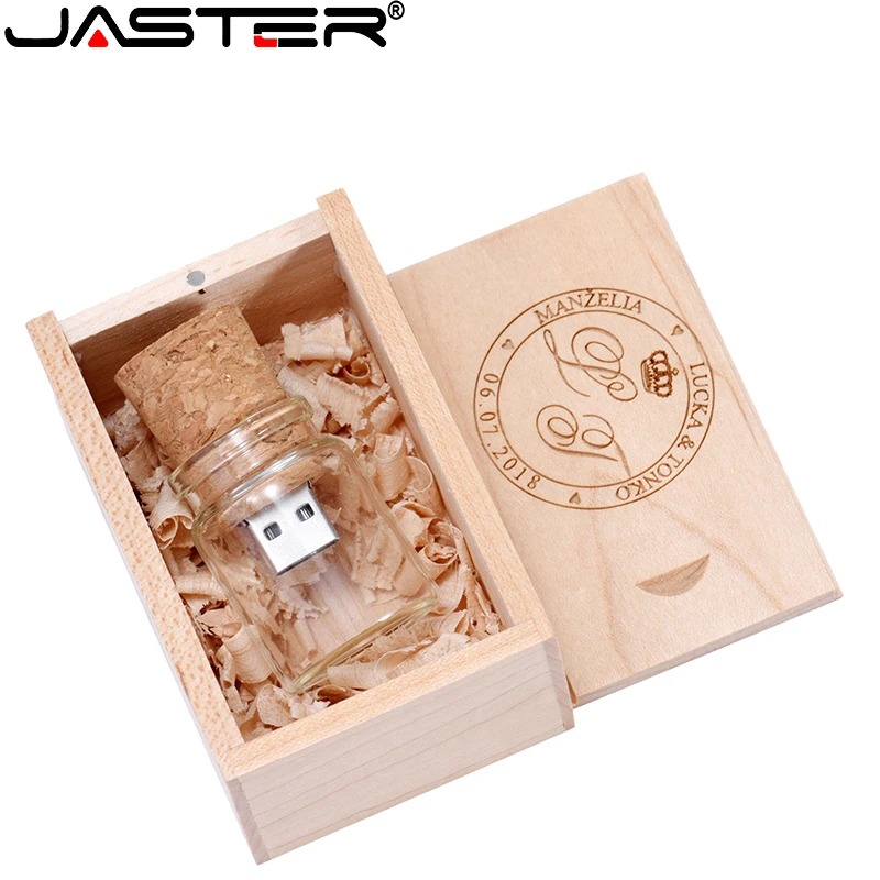  JASTER Wooden + Glass Bottle USB Flash Drive 64GB Gifts Free LOGO Pendrive 32GB Wedding Photography Gifts Memory Stick 16GB 8GB 