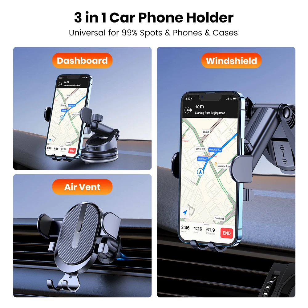 Car Phone Holder [Upgraded Suction & Clip] Rotatable Universal Mobile Phone Moun