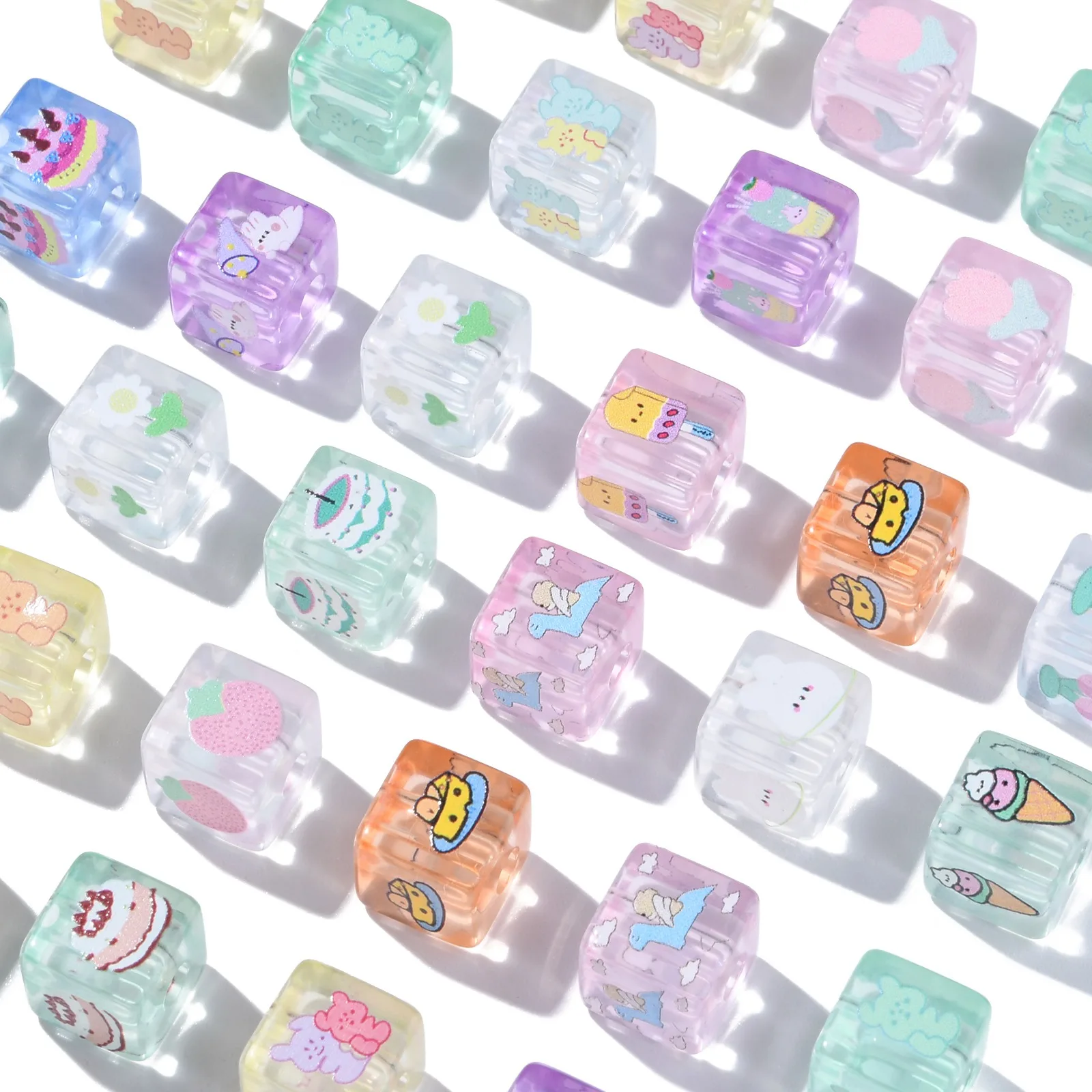 PandaHall 50Pcs Random Color Printed Square Shape Acrylic European Beads Cute Acrylic Beads with Large Hole for Jewelry Making