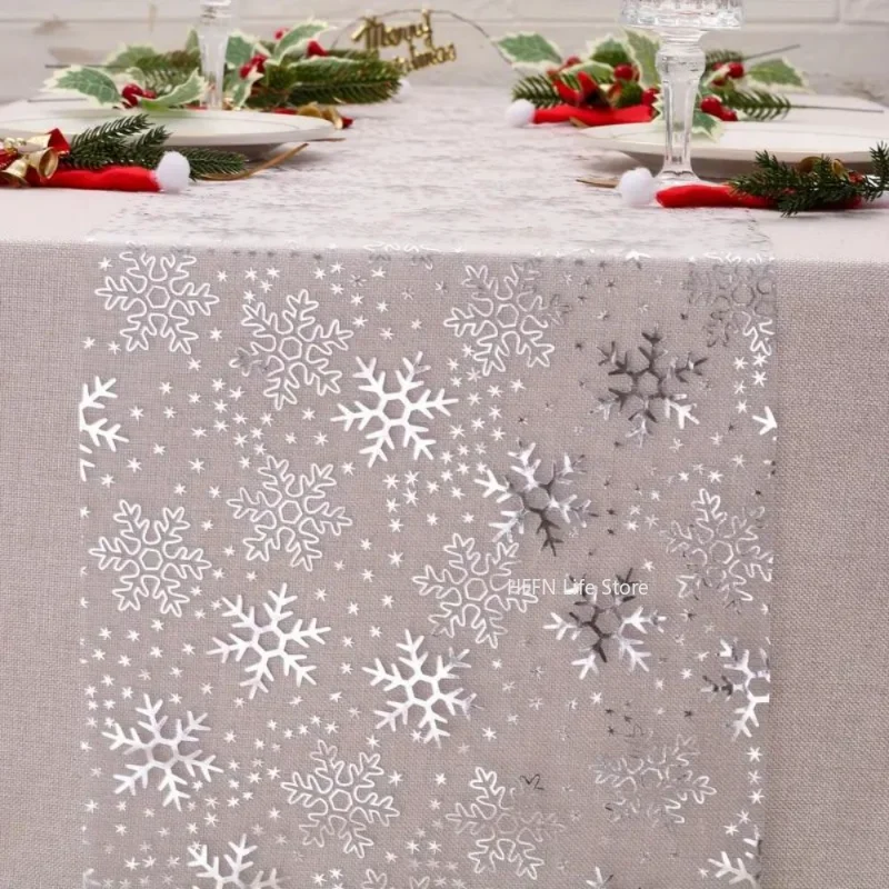 2025 Xmas Organza Snowflake Christmas Table Runner Sparkly Glitter Golden/Silver Metallic Dining Table Decoration 28x275cm
