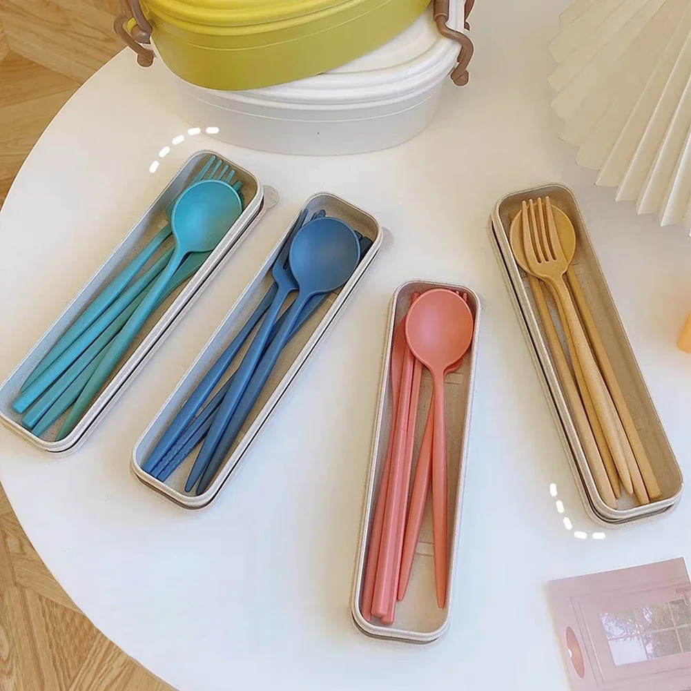 4pcs/Set Dinnerware Sets Creative With Case Plastic Knife Fork Spoon Chopsticks Sets Travel Cutlery for Kitchen Tableware