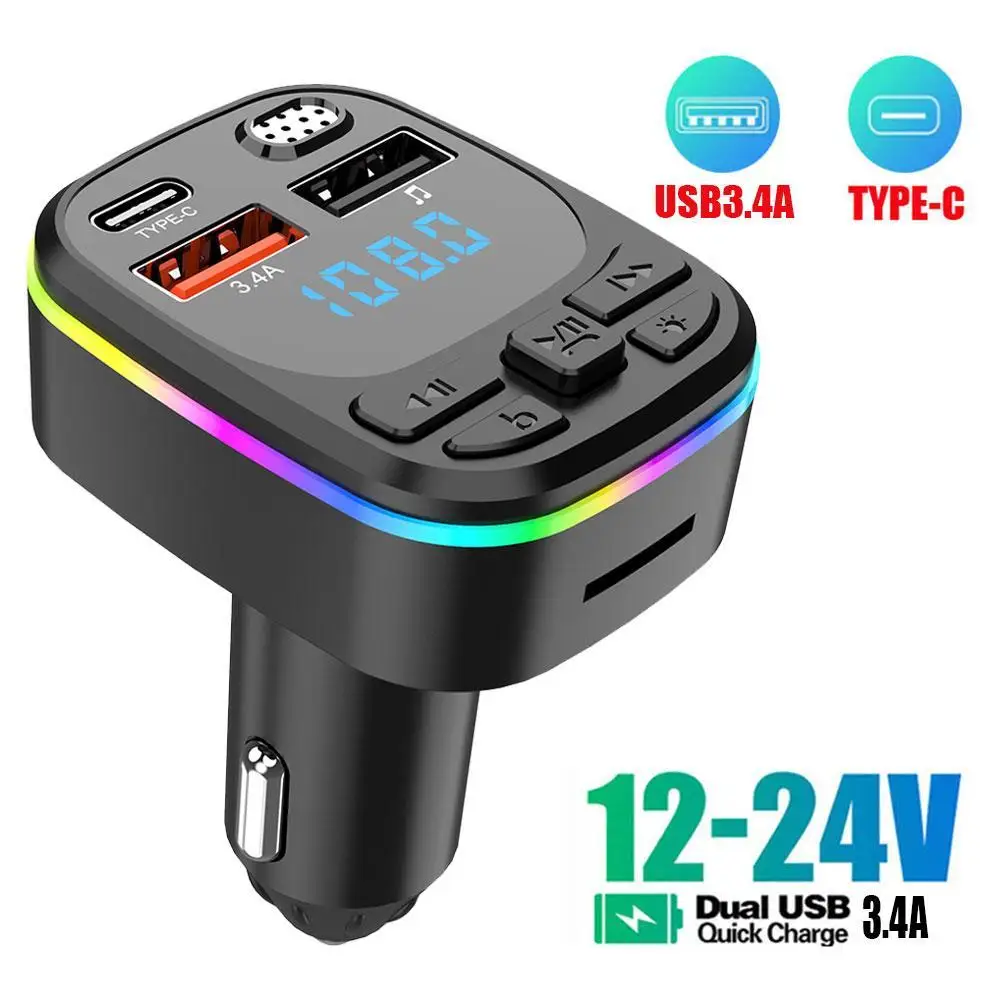 

Car BT Player FM Transmitter PD Type-C Dual USB Fast Charger For Phone Tablet Colorful Light Handsfree MP3 Modulator Player