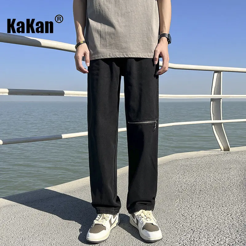 Kakan - European and American New Men's Knee Zipper Jeans, Loose Straight Fit Versatile Wide Leg Long Jeans K24-KJ516