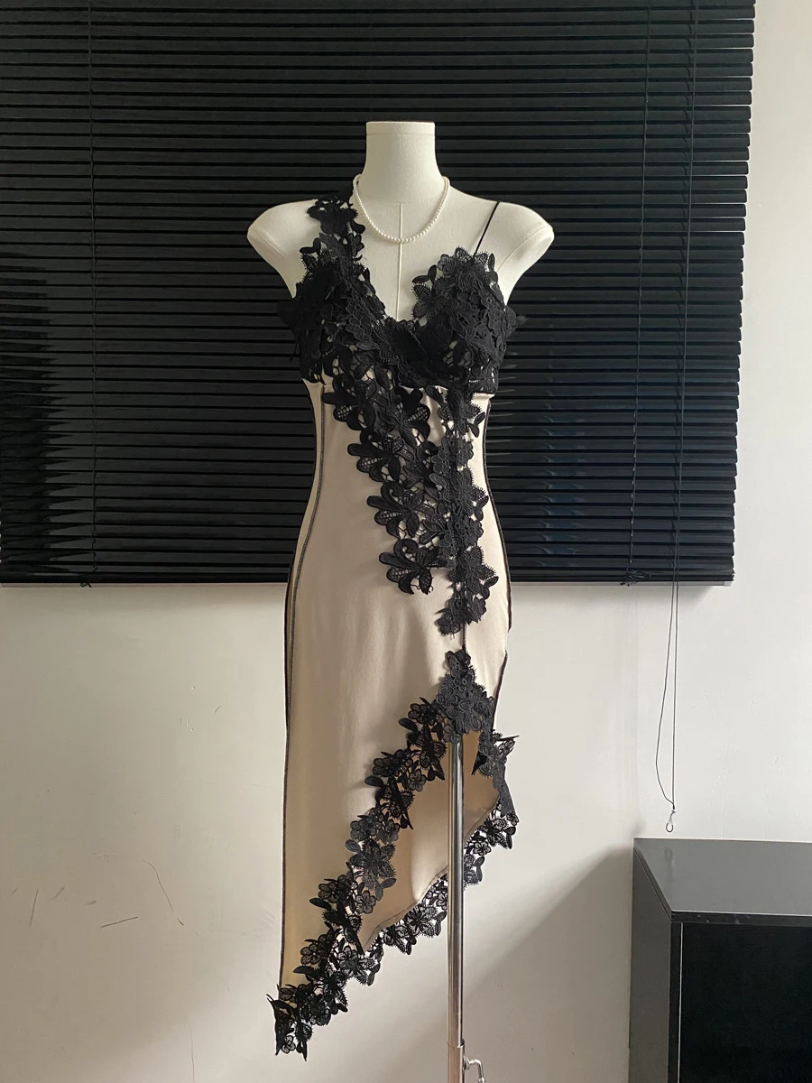 

Sexy Deep V Applique Suspender Dress Women Slim Backless Split Party Mini Vestidos 2023 Summer Sleeveless Night Club Outfits