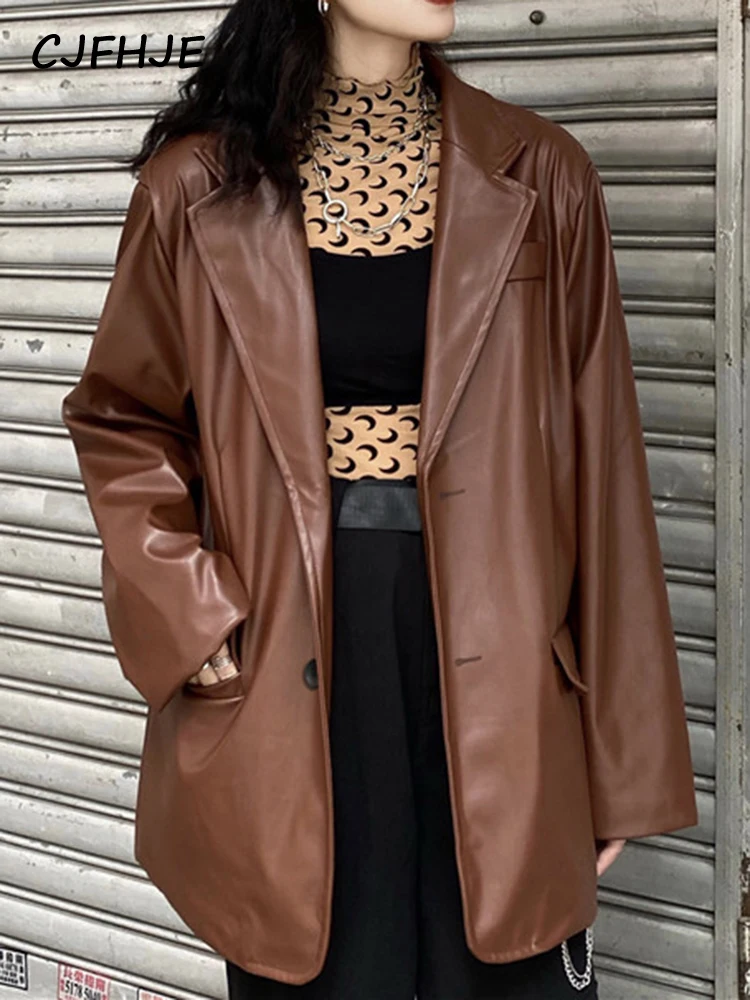 CJFHJE Korean Black Leather Moto Jacket Vintage Warm Female Loose Leather Suit Blazers Streetwear Fashion Women's Winter Coat