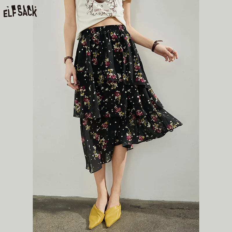 ELFSACK Black Floral Skirts Women 2023 Spring Mid-length High Waist Elegant Bottom 130cm length casual canvas belts for men and women korean adjustable webbing waist belt flame grain waistband