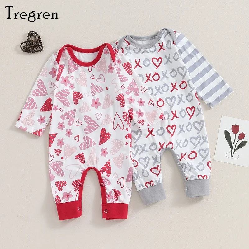 

Tregren 0-12M Newborn Baby Girls Boys Rompers Valentine's Day Clothes Cute Heart Print Crew Neck Long Sleeve Infant Jumpsuits