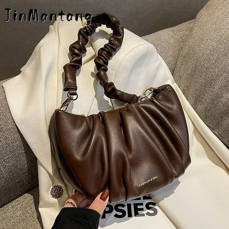 

Half Moon Crossbody Bags for Women 2023 Spring Retro Trends Designer Small Solid PU Leather Folds Handbags and Purses