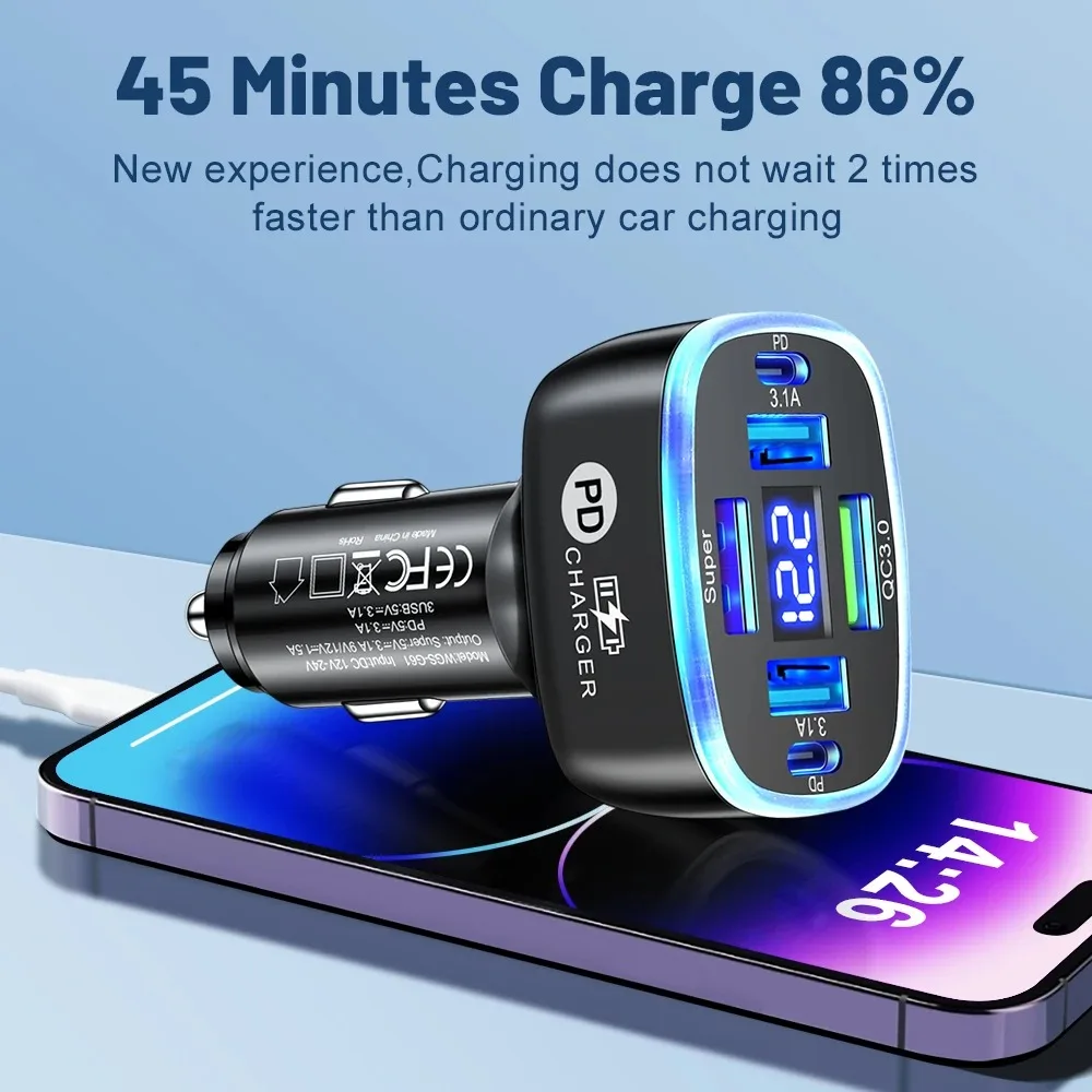 150W USB Car Charger Type C Mobile Phone Charger Fast Charging For iPhone 15 16 Pro Max Xiaomi Samsung USB C Car Charger Adapter