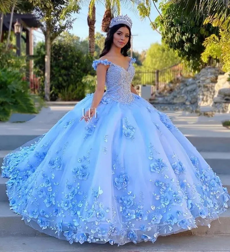 

Quinceanera Dresses Ball Gown V Neck Puffy Sweet 16 Dresses Blue 3D Flowers Celebrity Party Gowns Graduation