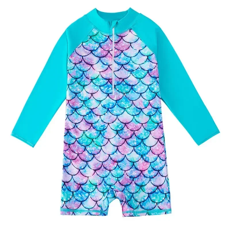 Children's One-Piece Swimsuits Girls Print Breathable Swimwear Long Sleeve Quick Drying Soft Swimsuits Clothing