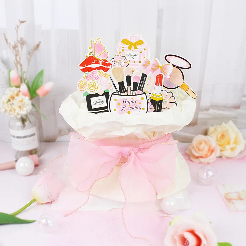 Cake Topper Perfume Lipstick Makeup brush Cake Topper Happy Birthday DIY Cupcake Topper Flags Flower Cake Baking Decor