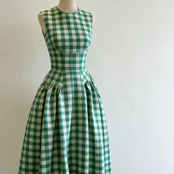 Abito Elegante Verde Menta a Quadri Senza Maniche da Donna, Gonna Lunga Estiva Stile Retrò di Nicchia, Vestibilità Slim