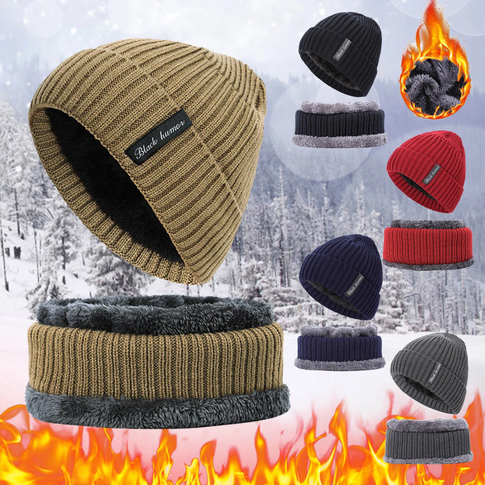 

Two-Pieces Women Men Cap Hat And Scarf Thicken Scarf Warm Knit Two-Piece And Windproof Winter Hats Outdoor Sportswear