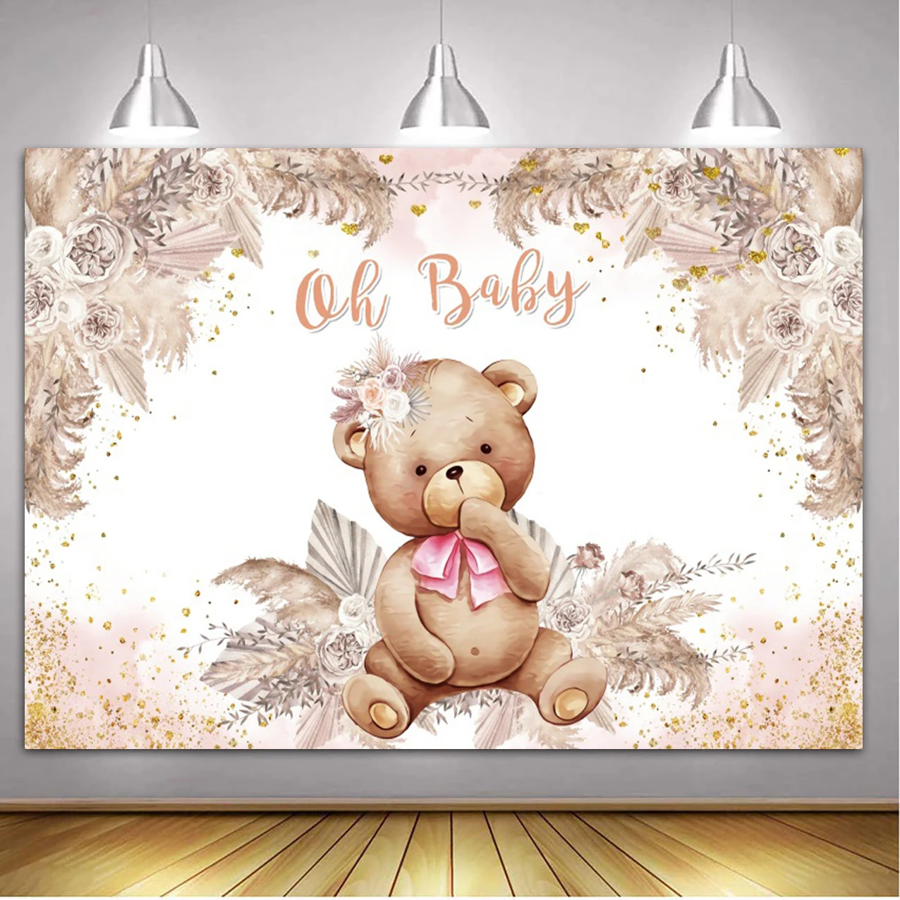 Teddy Bear Baby Shower Backdrop with Floral and Balloon Decor for Photography and Kid's Birthday Parties
