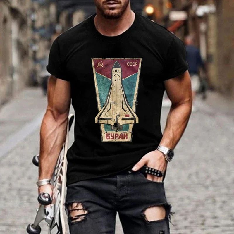 Stampato Rocket Buran Russian Space Shuttle Tee Shirt Cccp Gagarin Hd Men Casual Cotton Hip Hop Casual T-Shirt Top Traspiranti