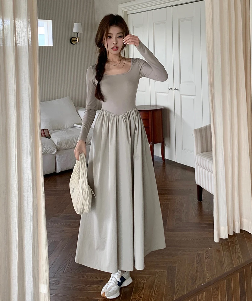 

Autumn Long Sleeve Square Collar Knitted Patchwork High Waist Female Dress Korean Style Woman Empired Dress Loose Casual Clothes