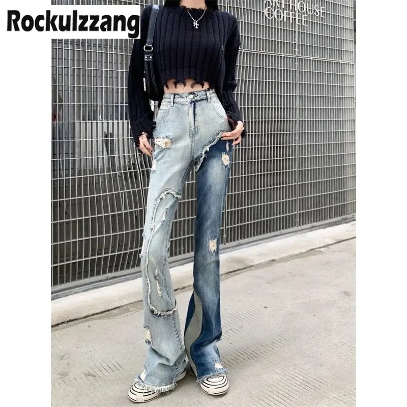 

Frayed Fringe Ripped Hole Flare Jeans Denim Pant Slight Bootcut bell bottom contrast color stretch plus size y2k grunge harajuku