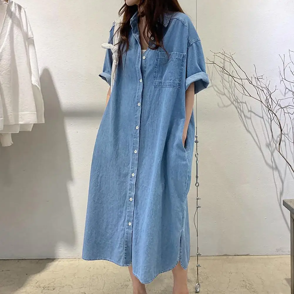 

Denim Dress Skin-Touch Shirt Dress Half Sleeve Popular Button Down Loose Denim Midi Dress Long Coat Streetwear