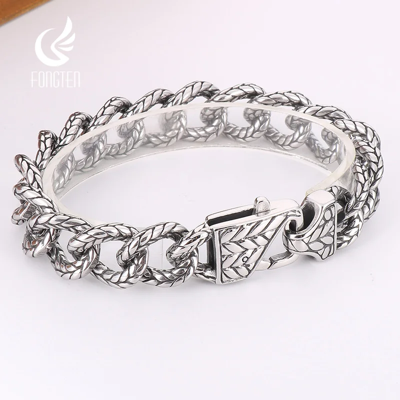 

Fongten Vintage Men Wheat Ear Bracelets Silver Color Stainless Steel Twisted Curb Chain Wristband Charm Bangles For Men Jewelry