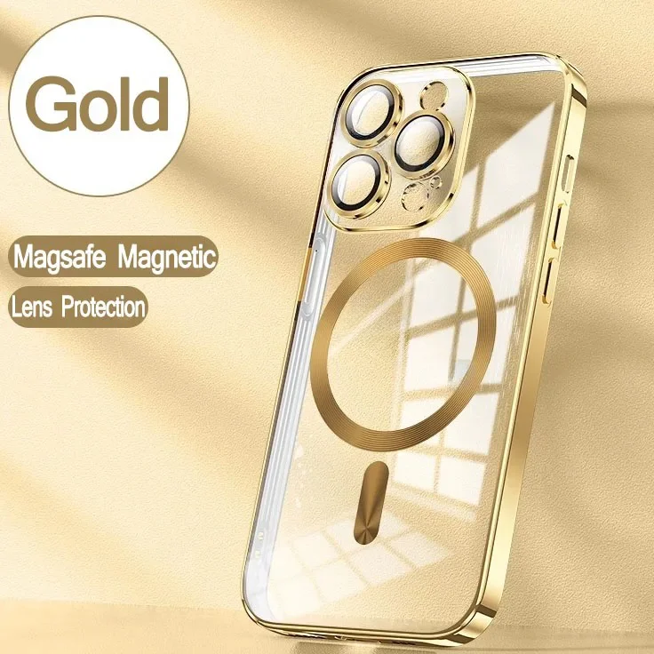 Desert Gold Wireless Charging Clear Case with Magnetic Electroplate Bumper Cover