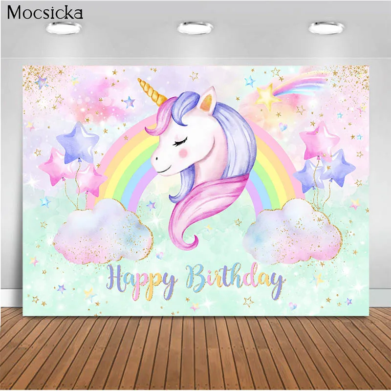 

Mocsicka Unicorn Photography Background 1st Birthday Party Decoration Props Rainbow Balloons Cake Smash Photo Wallpaper Banner