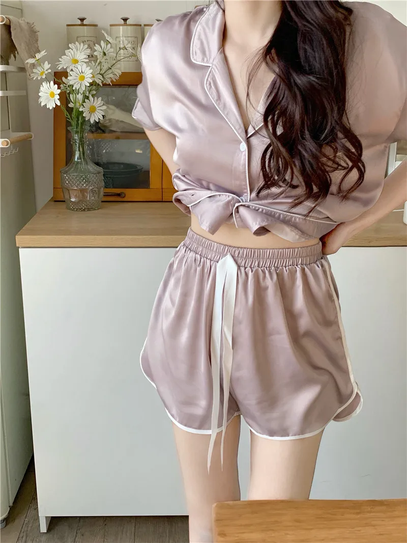 Purple Silk Summer Pajamas Set Women Single Breasted Shirts + Shorts Casual Loose Sleepwear Two Piece Home Suit Pocket
