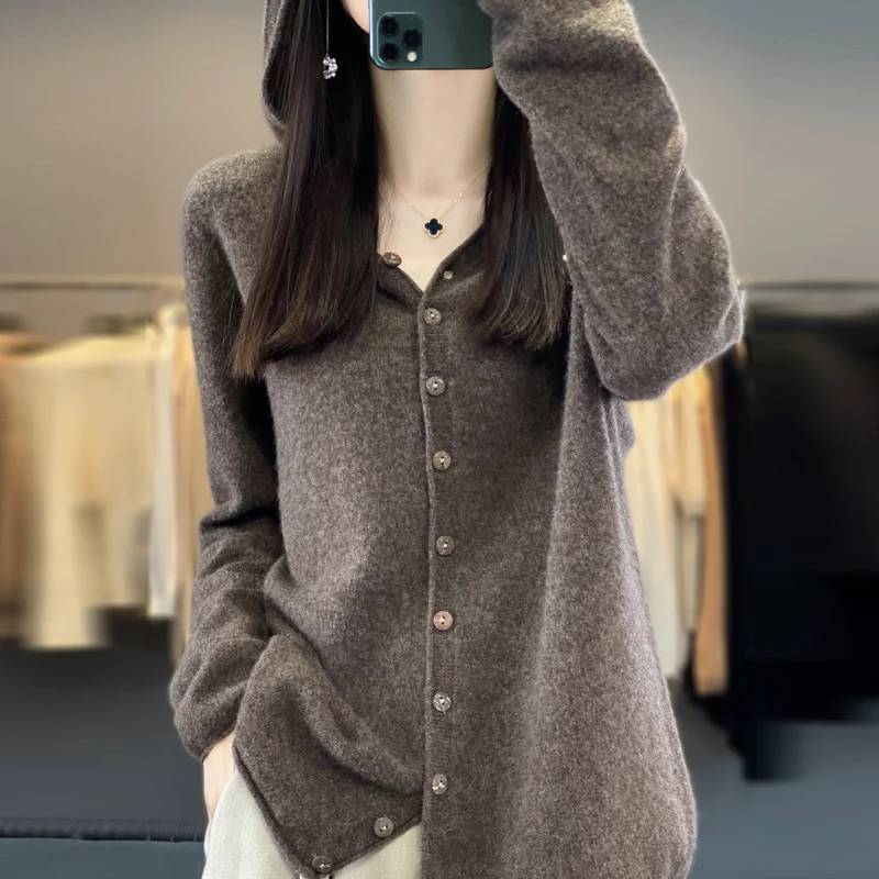 Fall/Winter 2024 New 100% Merino Sweater Women's Hooded Cardigan Loose Sweater Long Sleeve Button Knitted Sweater Jacket 6