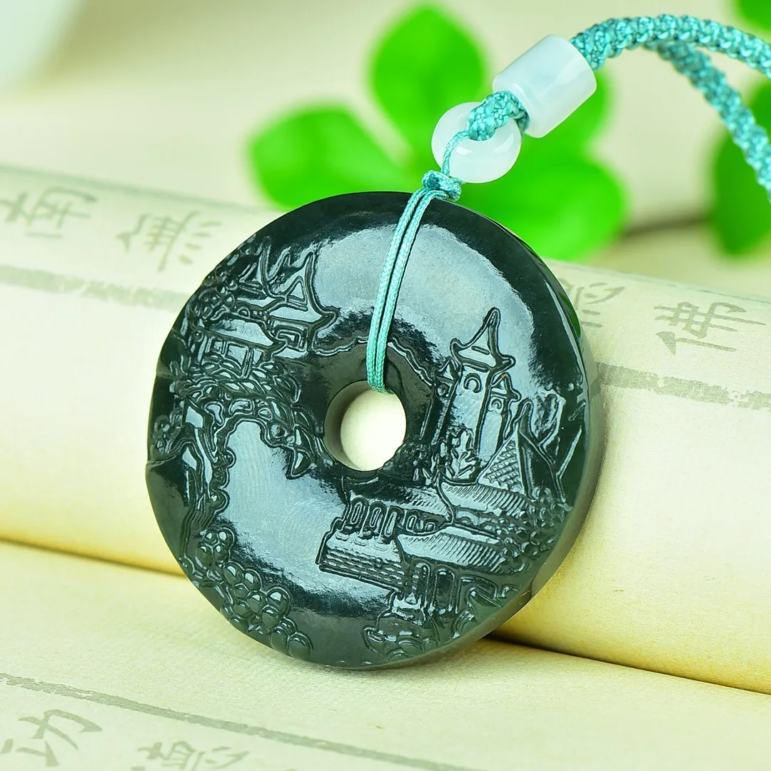 

51 мм натуральное зеленое Нефритовое искусство с веревочной цепочкой, счастливые подвески, амулеты, ожерелье для мужчин и женщин, круглая безопасная искусственная цепочка