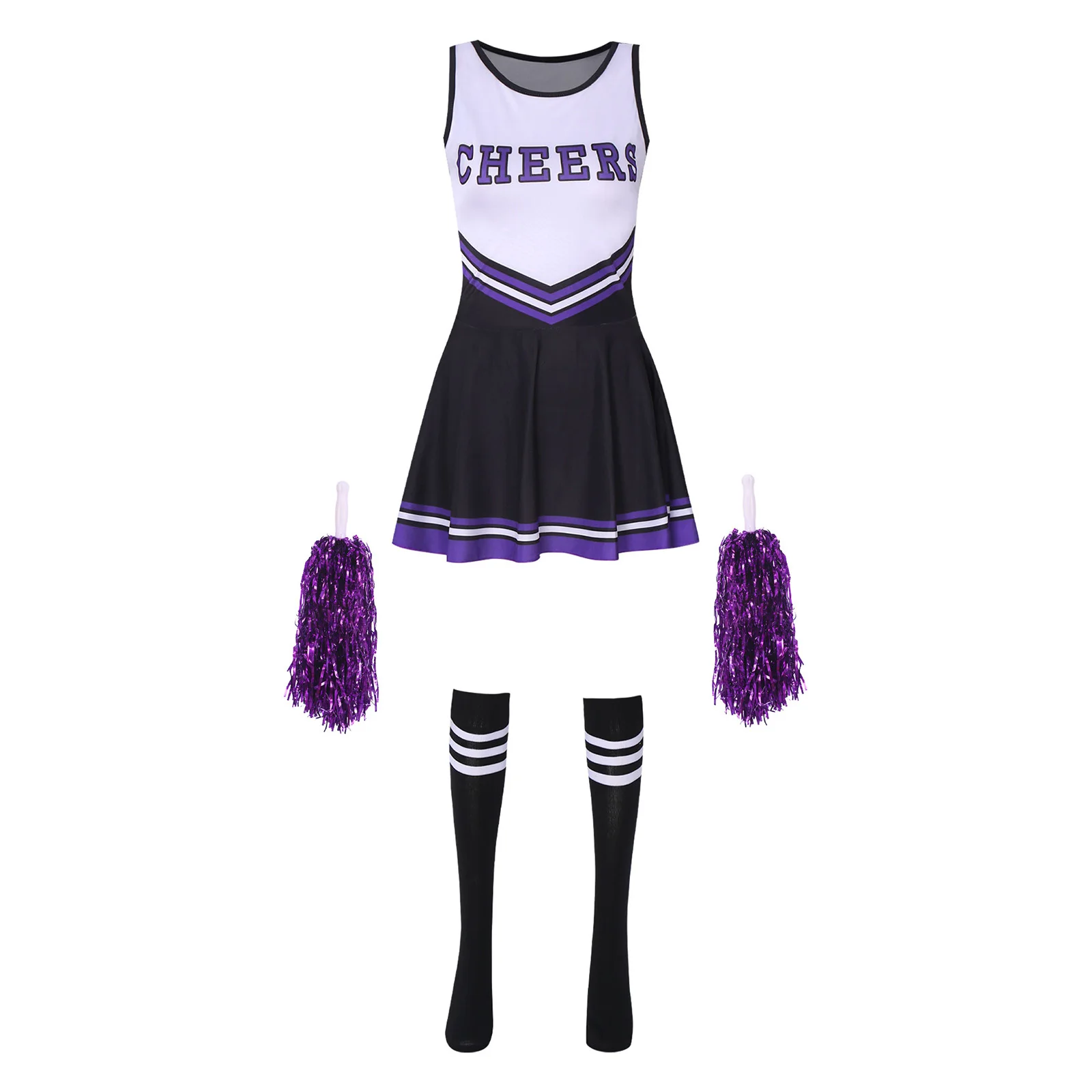 Womens Cheerleading Uniform Theme Party Schoolgirl Role Play Costume Dance Outfit Letter Print Dress with Socks Cheering Flower