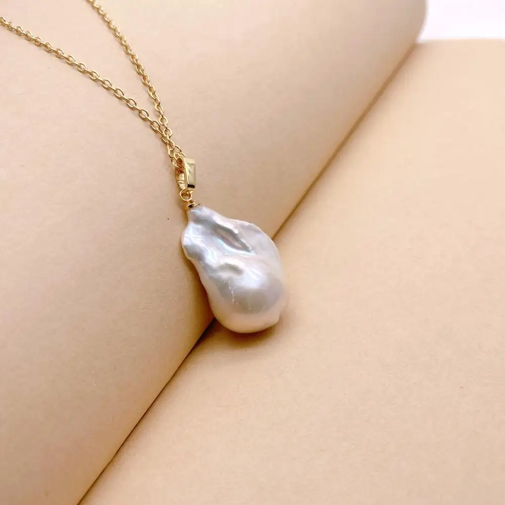 YYGEM 15x23mm Cultured White Baroque Pearl Gold Plated Chain Choker Necklace Women Jewelry