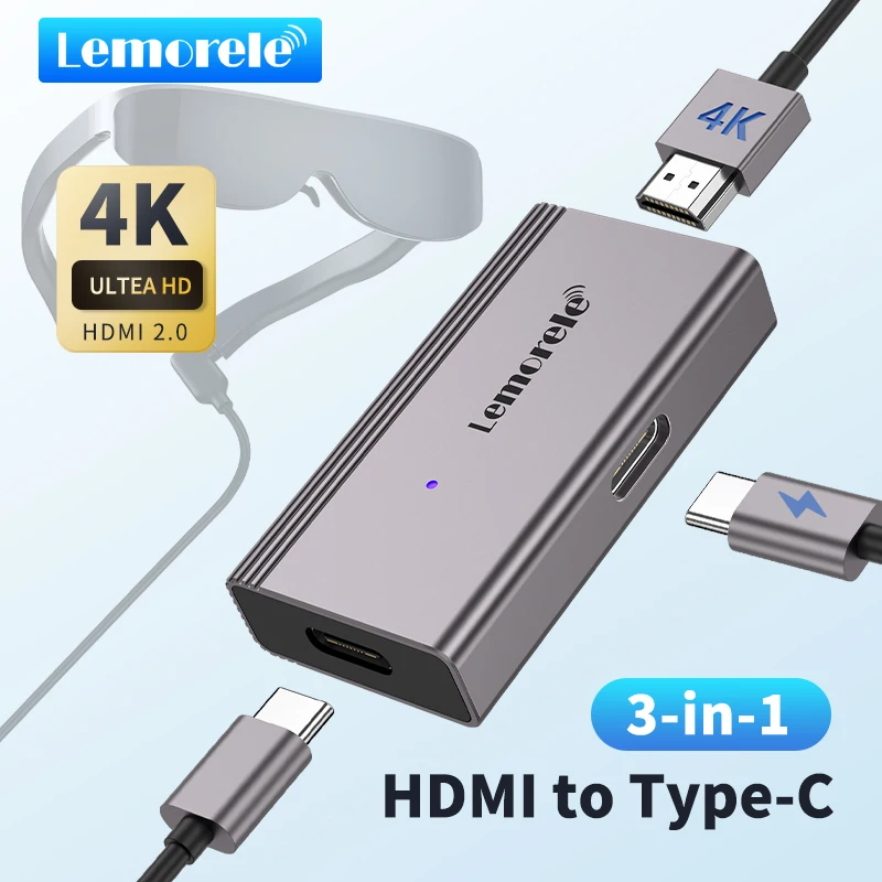 Lemorele 4k ar óculos adaptador hdmi para tipo-c ar óculos conversor de carregamento USB-C adaptador de vídeo para xreal airs rokid switch