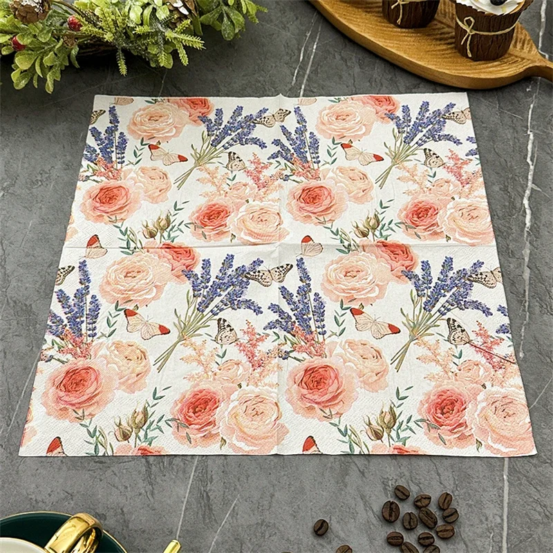 Restaurant Upscale Colourful Printed Paper Napkin Napkin Household Dining Table Mouth Cloth 33cm Pink Floral Facial Tissue Paper paper napkins