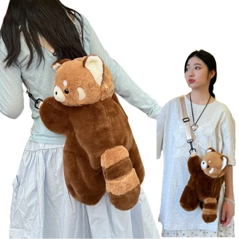 Sac à dos en peluche Panda rouge pour femmes, poupée en peluche mignonne, sac à bandoulière en fourrure douce pour Camping voyage fête, cadeau d'anniversaire féminin - AliExpress