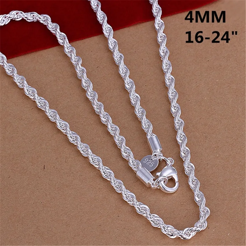 

16-24inch for women men Beautiful fashion 925 Sterling Silver charm 4MM Rope Chain Necklace fit pendant high quality jewelry