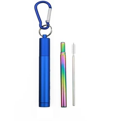 Eco - Friendly Reusable Telescopic Metal Straw Set with Cleaning Brush and Carry Case (Blue Rainbow)