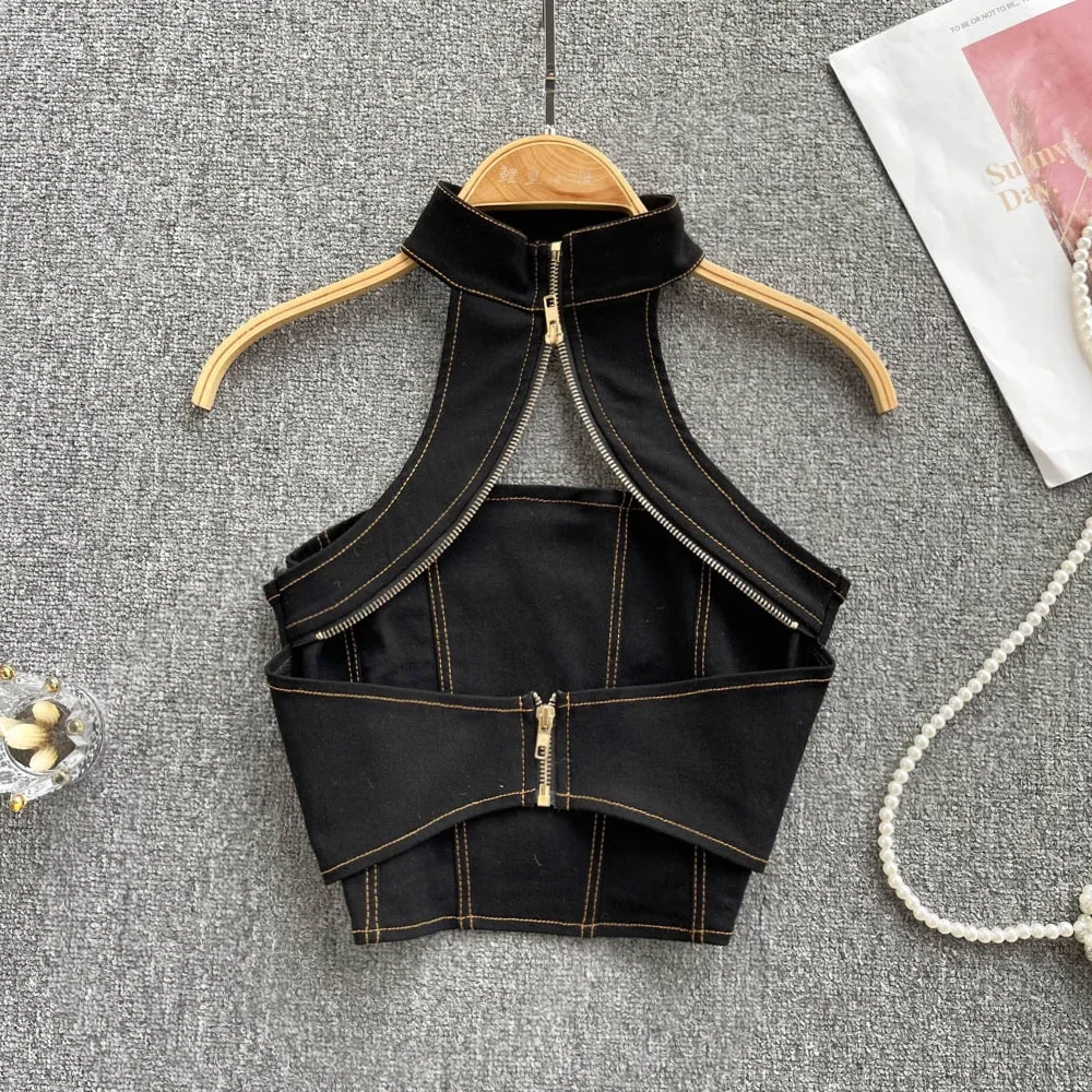 

2022 Spring and Summer Halter Sexy Skinny Hollow Out Backless Vest Sleeveless Zipper Crop Top Women Harajuku Party Streetwear